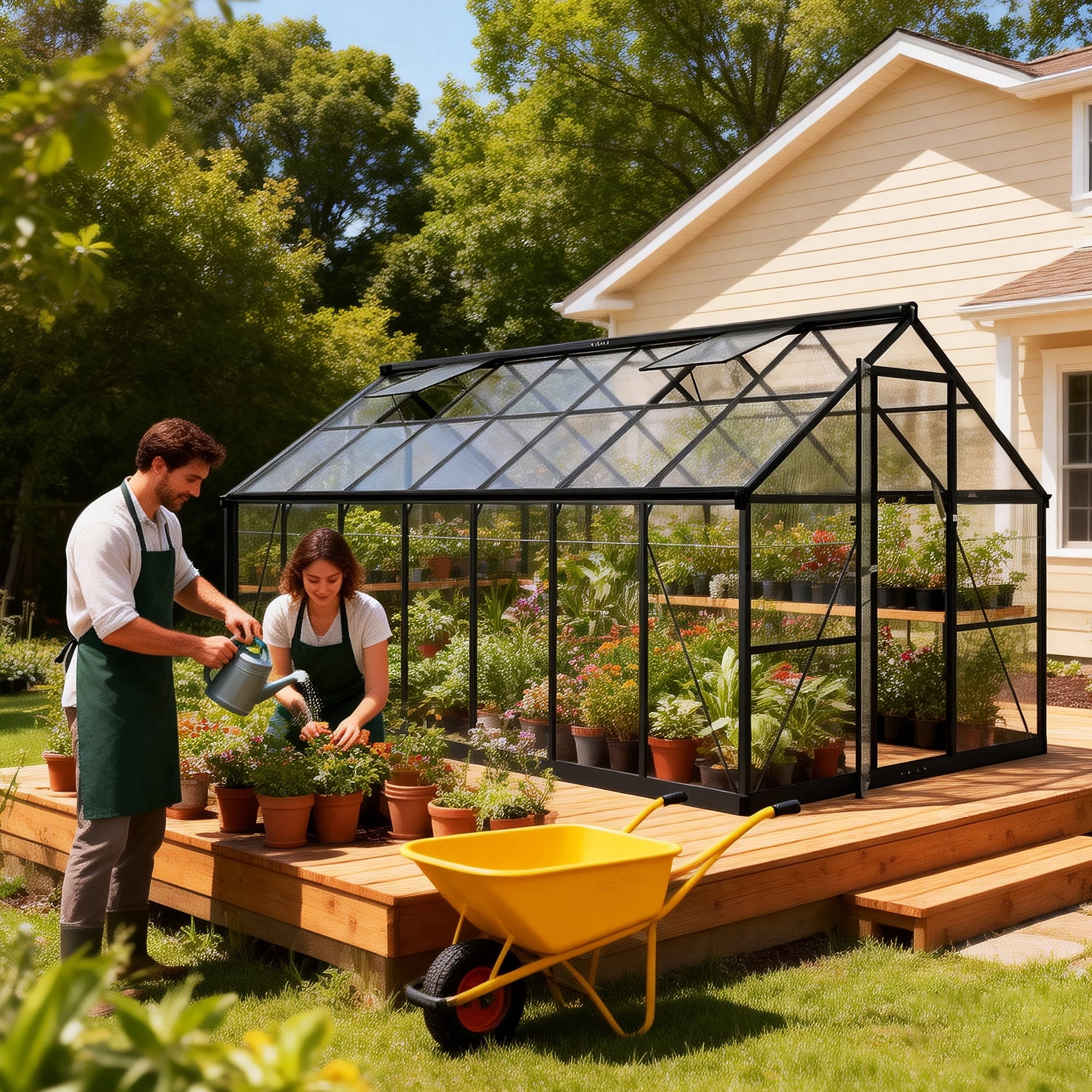 PABIMIA 8x14 FT Polycarbonate Outdoor Greenhouse, Aluminum Walk-in Greenhouse with Roof Vent, Black