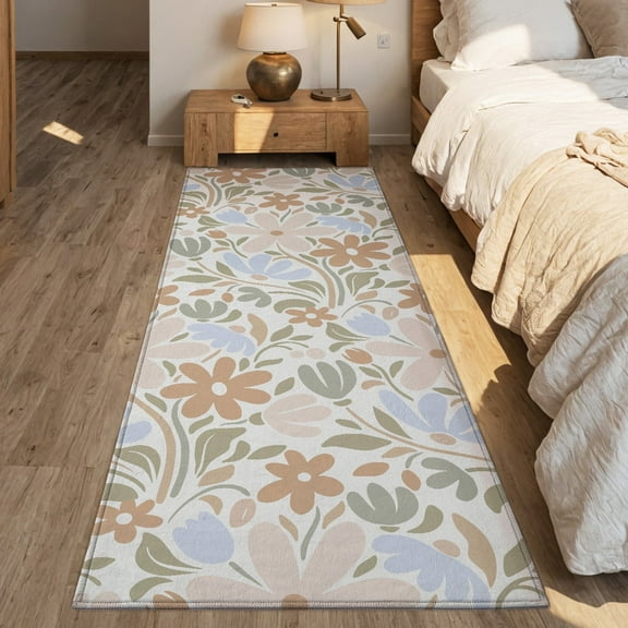 PABUBE 2'x6' Area Rugs for Bedroom,Vintage Bedroom Rug Washable,Non Slip Washable Rugs Retro Indoor Rug,Low Pile Soft Light Floral Print Floor Carpet for Living Room,Dining Room,Home Office