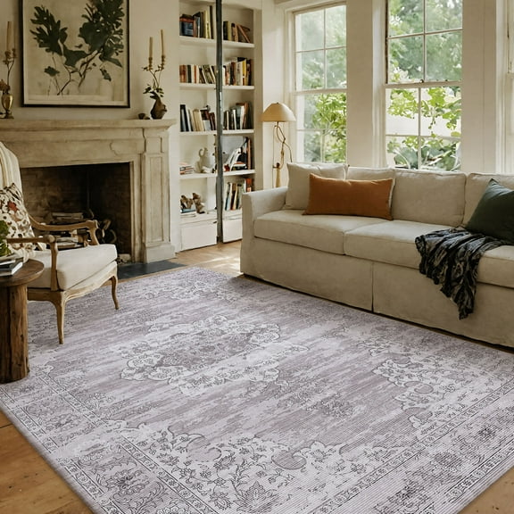 PABUBE Area Rugs 4'x6' Living Room, Low Pile Boho Rugs Non Slips Bedroom Rugs, Large Retro Carpet Abstract Vintage Living Room Rug Gray