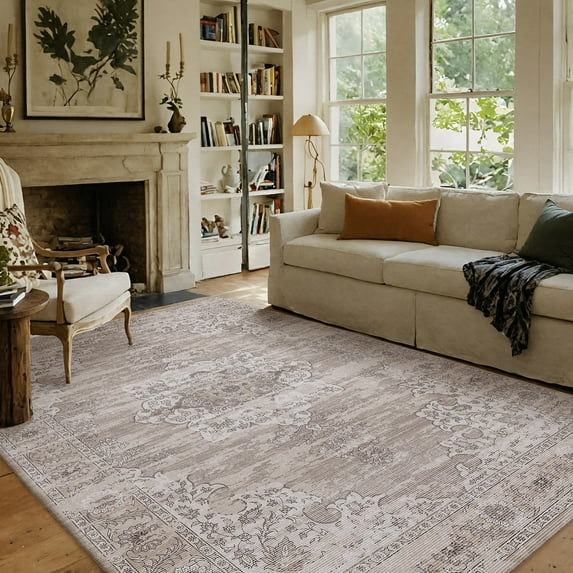 PABUBE Area Rugs 4'x6' Living Room, Low Pile Boho Rugs Non Slips Bedroom Rugs, Large Retro Carpet Abstract Vintage Living Room Rug Khaki