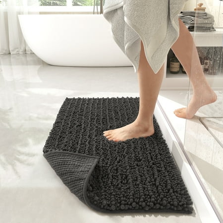 PABUBE Bathroom Rug, 24"x43" Luxury Chenille Bath Mat, Shag Bath Rugs, Soft and Absorbent, Machine Washable Bathroom mat, Non Slip Bath Rug for Bathroom Floor, Dark Gray