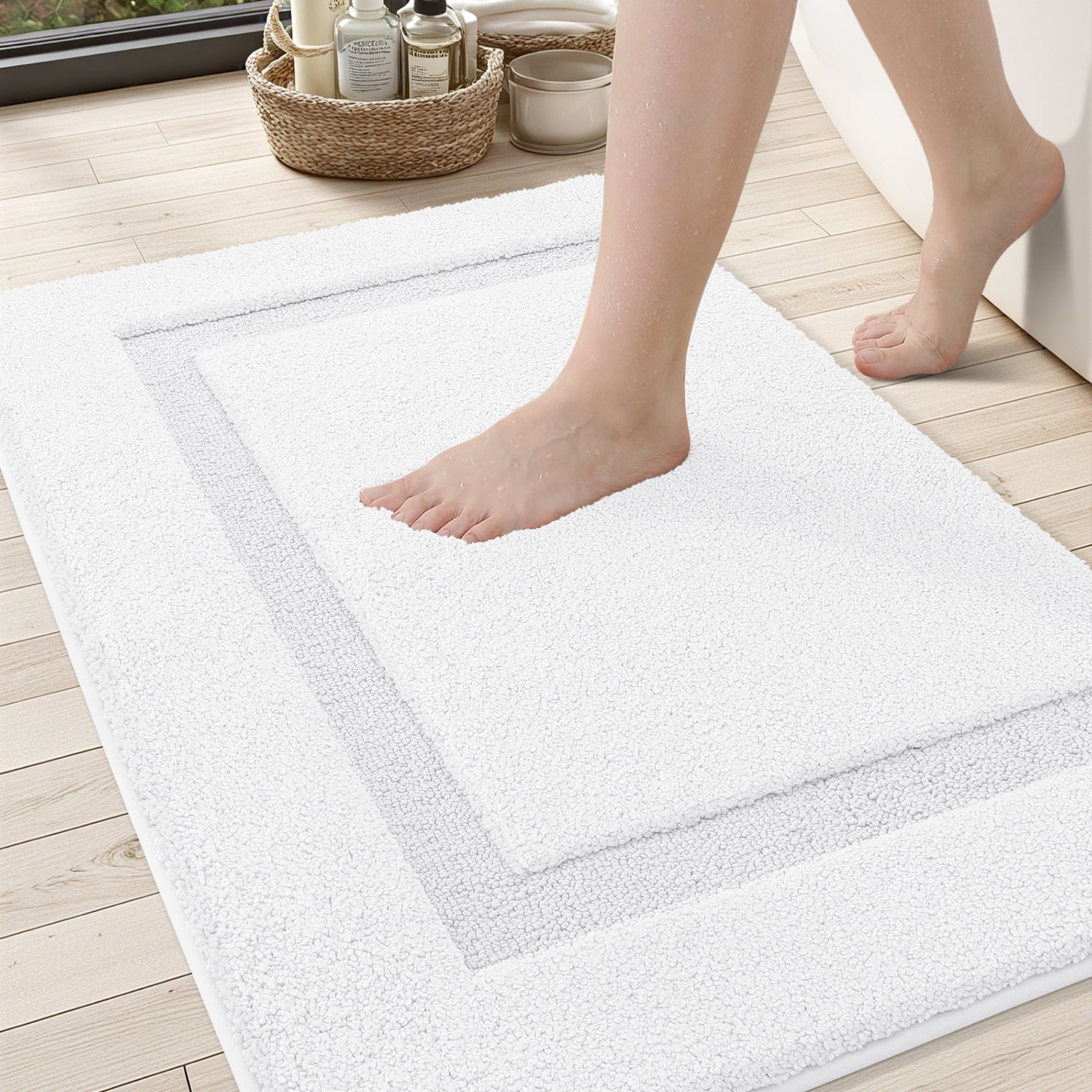 PABUBE Traditional Soft White Microfiber Shag Bath Mat, 24"x36", Non-Slip and Absorbent Bathroom Rug for Bathroom Floor, Quick Dry, Machine Washable
