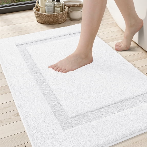 PABUBE Traditional Soft White Microfiber Shag Bath Mat, 24"x36", Non-Slip and Absorbent Bathroom Rug for Bathroom Floor, Quick Dry, Machine Washable