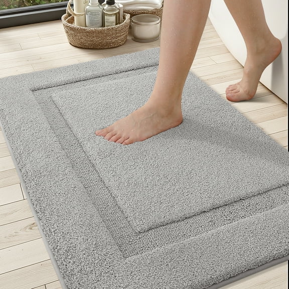 PABUBE Traditional Soft Gray Microfiber Shag Bath Mat, 17"x30", Non-Slip and Absorbent Bathroom Rug for Bathroom Floor, Quick Dry, Machine Washable