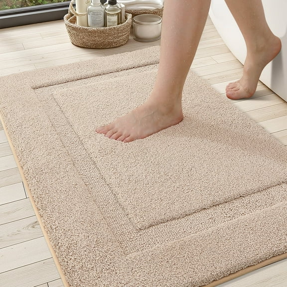 PABUBE Traditional Soft Khaki Microfiber Shag Bath Mat, 17"x30", Non-Slip and Absorbent Bathroom Rug for Bathroom Floor, Quick Dry, Machine Washable