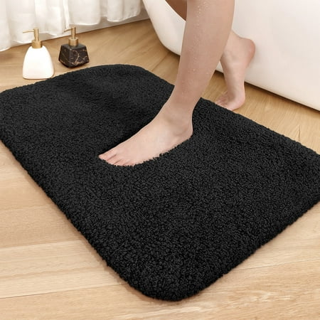 PABUBE Bathroom Rug Non-Slip Bathroom Mat 17"x24" Shag Bath Rugs w/1.6" Microfiber, Absorbent Bath Mat, Machine Washable, Black