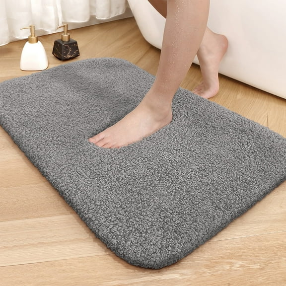 PABUBE Bathroom Rug Non-Slip Bathroom Mat 17"x24" Shag Bath Rugs w/1.6" Microfiber, Absorbent Bath Mat, Machine Washable, Gray