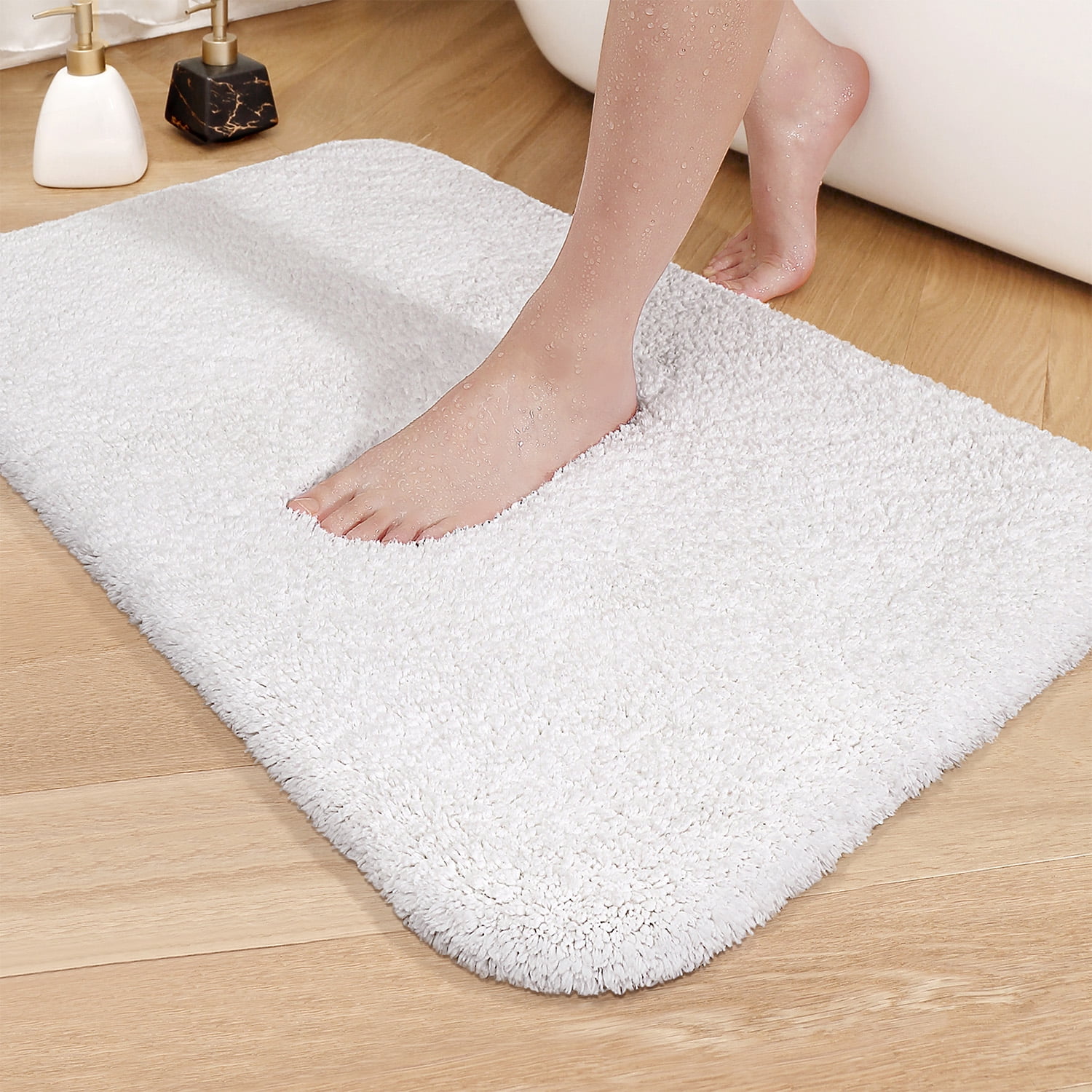 PABUBE Bathroom Rug Non-Slip Bathroom Mat 24"x36" Shag Bath Rugs w/1.6" Microfiber, Absorbent Bath Mat, Machine Washable, White