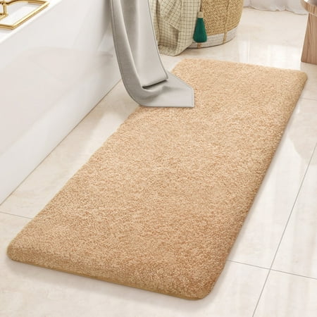 PABUBE Bathroom Rug Non-Slip Bathroom Mat 24"x43" Shag Bath Rugs w/1.6" Microfiber, Absorbent Bath Mat, Machine Washable, Beige