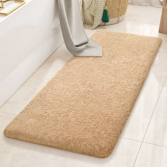 PABUBE Bathroom Rug Non-Slip Bathroom Mat 24"x43" Shag Bath Rugs w/1.6" Microfiber, Absorbent Bath Mat, Machine Washable, Beige