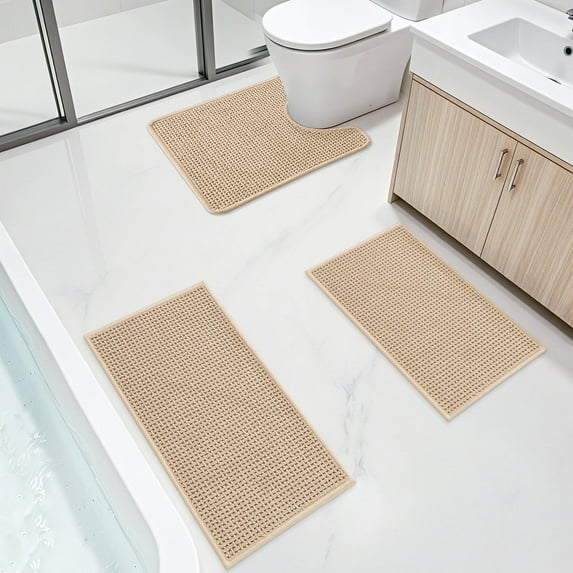 PABUBE Bathroom Rug, Non Slips Bath Mat, Machine Washable Bathroom Mat, Soft Absorbent Bathmat Bath Rug, Bathroom Rug and Mat for Bathroom Floor (16"x24"+17"x29"+20"x24",Beige)
