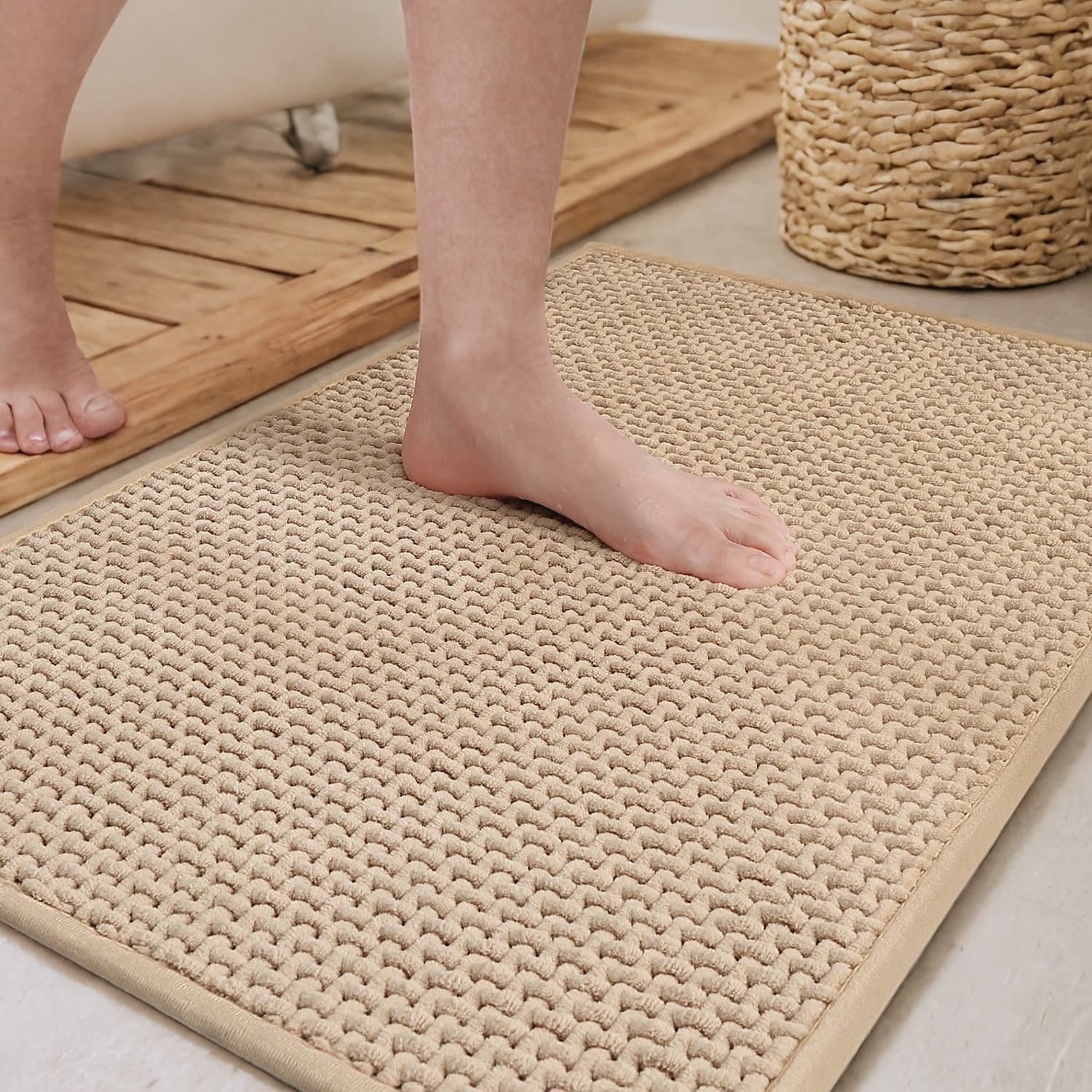 PABUBE Bathroom Rug, Non Slips Bath Mat, Machine Washable Bathroom Mat, Soft Absorbent Bathmat Bath Rug, Bathroom Rug and Mat for Bathroom Floor (16"x24",Beige)