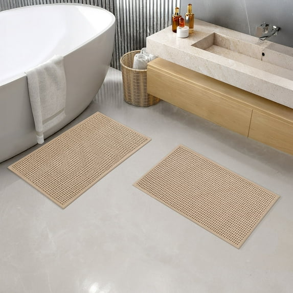 PABUBE Bathroom Rug, Non Slips Bath Mat, Machine Washable Bathroom Mat, Soft Absorbent Bathmat Bath Rug, Bathroom Rug and Mat for Bathroom Floor (17"x29"+17"x29",Beige)