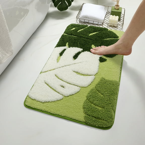 PABUBE Monstera Leaf Bathroom Rug, 17"x29", Cute Green Plush Bath Mat, Fluffy Soft & Absorbent, Non-Slip and Machine Washable Bath Rug for Bathroom Floor
