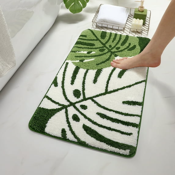 PABUBE Monstera Leaf Bathroom Rug, 17"x29", Cute Green Plush Bath Mat, Fluffy Soft & Absorbent, Non-Slip and Machine Washable Bath Rug for Bathroom Floor