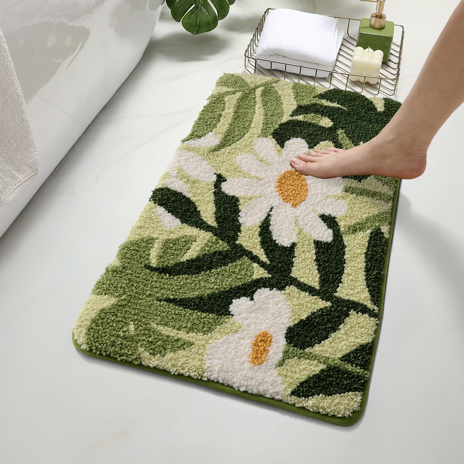 PABUBE Monstera Leaf Bathroom Rug, 17"x29", Cute Green Plush Bath Mat, Fluffy Soft & Absorbent, Non-Slip and Machine Washable Bath Rug for Bathroom Floor