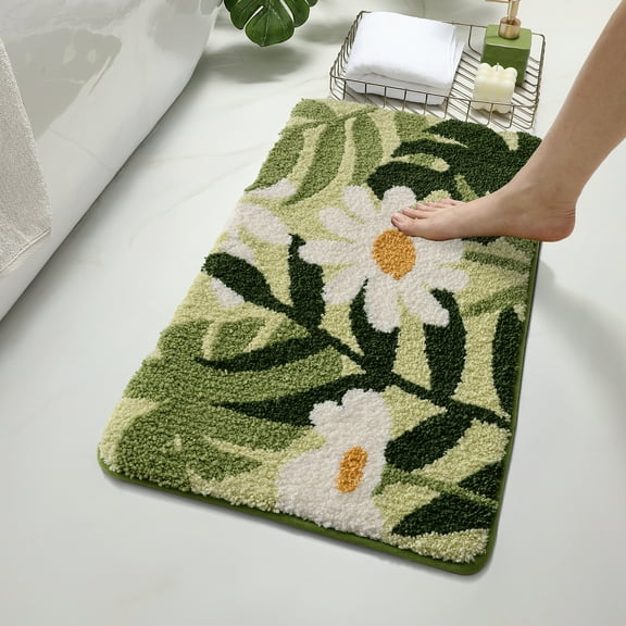 PABUBE Monstera Leaf Bathroom Rug, 17"x29", Cute Green Plush Bath Mat, Fluffy Soft & Absorbent, Non-Slip and Machine Washable Bath Rug for Bathroom Floor