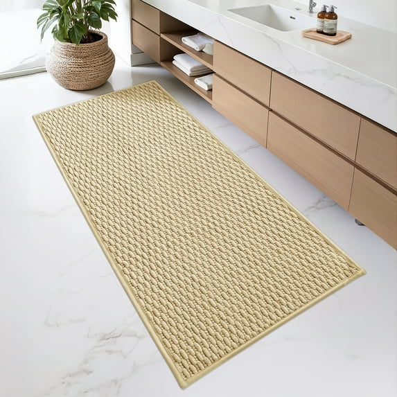 PABUBE Soft Light Yellow Woven Chenille Bathroom Rug, 17"x47", Non-Slip and Absorbent Bath Mat for Bathroom Floor, Machine Washable, Quick Drying