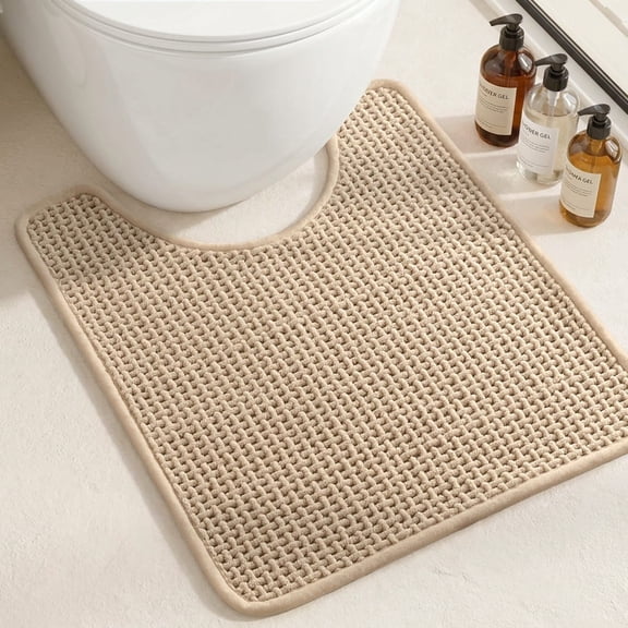 PABUBE U Shaped Toilet Rug 20"x24", Non Slip Soft Absorbent Toilet Mat for Bathroom, Machine Washable Quick Dry Contour Bathroom Mat for Toilet Base, Beige