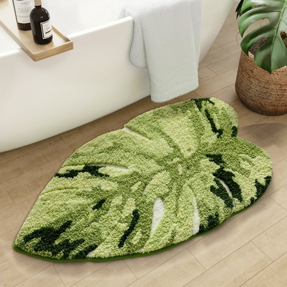 PABUBE Monstera Leaf Bathroom Rug, 20"x32", Cute Green Plush Bath Mat, Fluffy Soft & Absorbent, Non-Slip and Machine Washable Bath Rug for Bathroom Floor