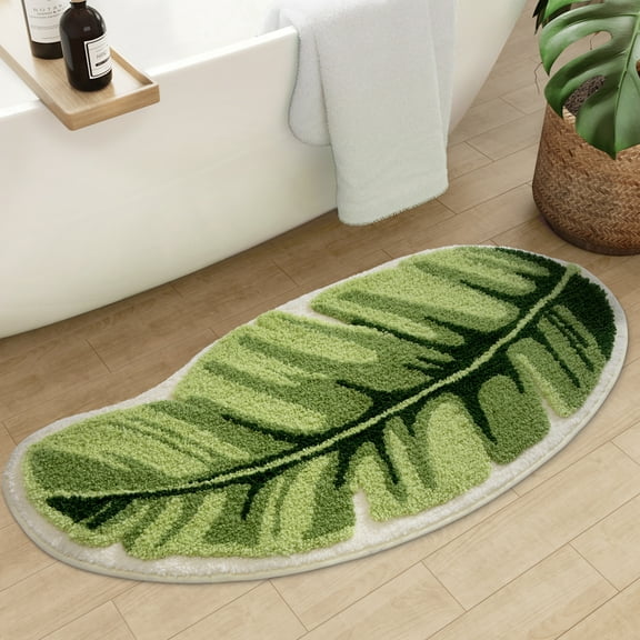 PABUBE Monstera Leaf Bathroom Rug, 20"x39", Cute Green Plush Bath Mat, Fluffy Soft & Absorbent, Non-Slip and Machine Washable Bath Rug for Bathroom Floor