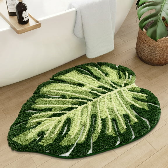 PABUBE Monstera Leaf Bathroom Rug, 24"x32", Cute Green Plush Bath Mat, Fluffy Soft & Absorbent, Non-Slip and Machine Washable Bath Rug for Bathroom Floor