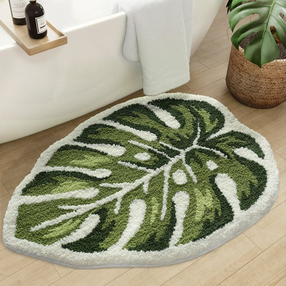 PABUBE Monstera Leaf Bathroom Rug, 24"x32", Cute Green Plush Bath Mat, Fluffy Soft & Absorbent, Non-Slip and Machine Washable Bath Rug for Bathroom Floor