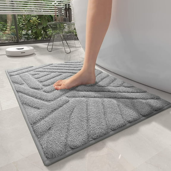 PABUBE Textured Gray Microfiber Bathroom Rug, 16"x24", Soft and Absorbent Bathroom Mat, Non-Slip, Machine Washable, Quick Dry Floor Carpet for Shower or Tub