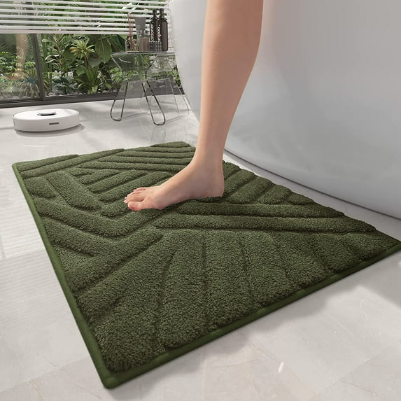 PABUBE Textured Green Microfiber Bathroom Rug, 16"x24", Soft and Absorbent Bathroom Mat, Non-Slip, Machine Washable, Quick Dry Floor Carpet for Shower or Tub