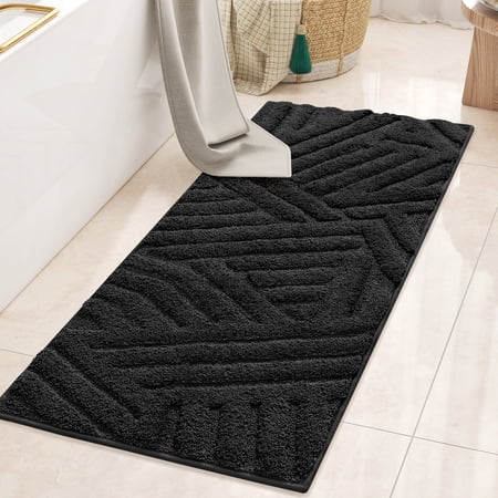 PABUBE Textured Black Microfiber Bathroom Rug, 20"x51", Soft and Absorbent Bathroom Mat, Non-Slip, Machine Washable, Quick Dry Floor Carpet for Shower or Tub
