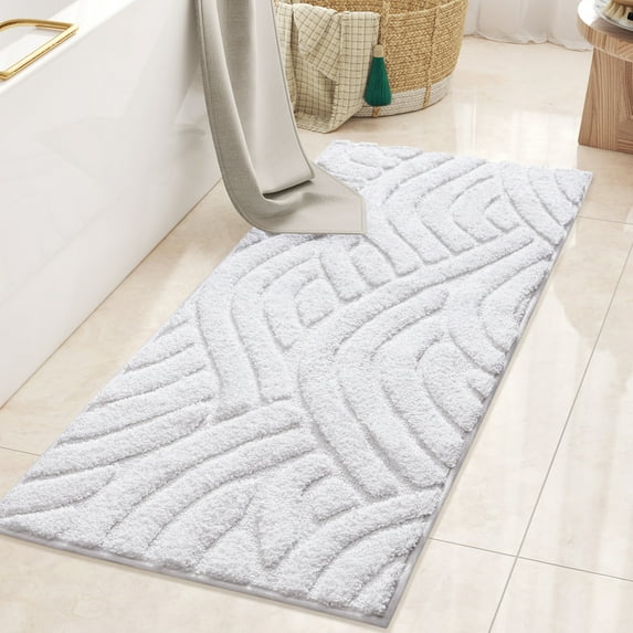 PABUBE Textured White Microfiber Bathroom Rug, 20"x51", Soft and Absorbent Bathroom Mat, Non-Slip, Machine Washable, Quick Dry Floor Carpet for Shower or Tub