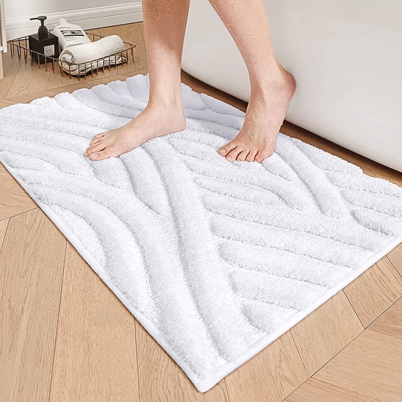 PABUBE Textured White Microfiber Bathroom Rug, 24"x36", Soft and Absorbent Bathroom Mat, Non-Slip, Machine Washable, Quick Dry Floor Carpet for Shower or Tub
