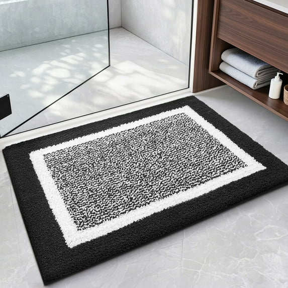PABUBE Bathroom Rug, Soft Absorbent Bathroom Mat and Bath Mat, Premium Microfiber Shag Bath Rug Machine Washable (15.7"x24",Black and White)