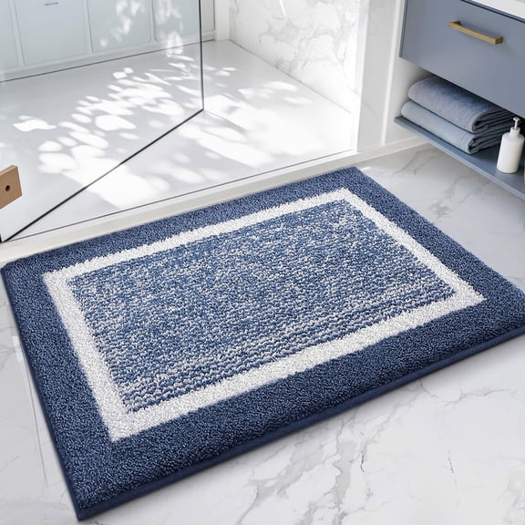 PABUBE Bathroom Rug, Soft Absorbent Bathroom Mat and Bath Mat, Premium Microfiber Shag Bath Rug Machine Washable (15.7"x24",Blue and White)