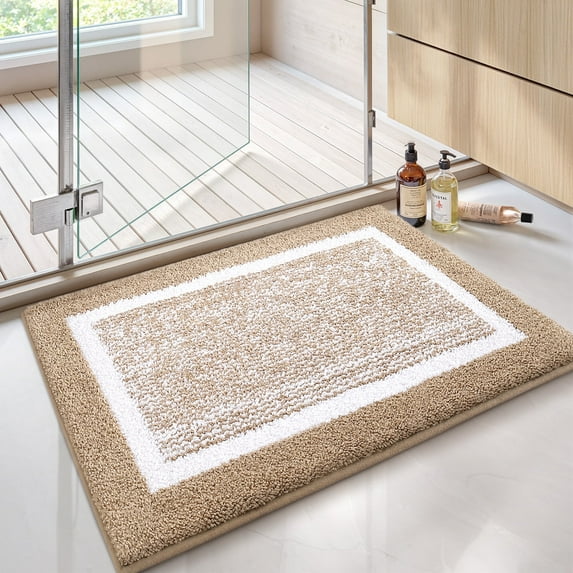 PABUBE Bathroom Rug, Soft Absorbent Bathroom Mat and Bath Mat, Premium Microfiber Shag Bath Rug Machine Washable (15.7"x24",Khaki and White)