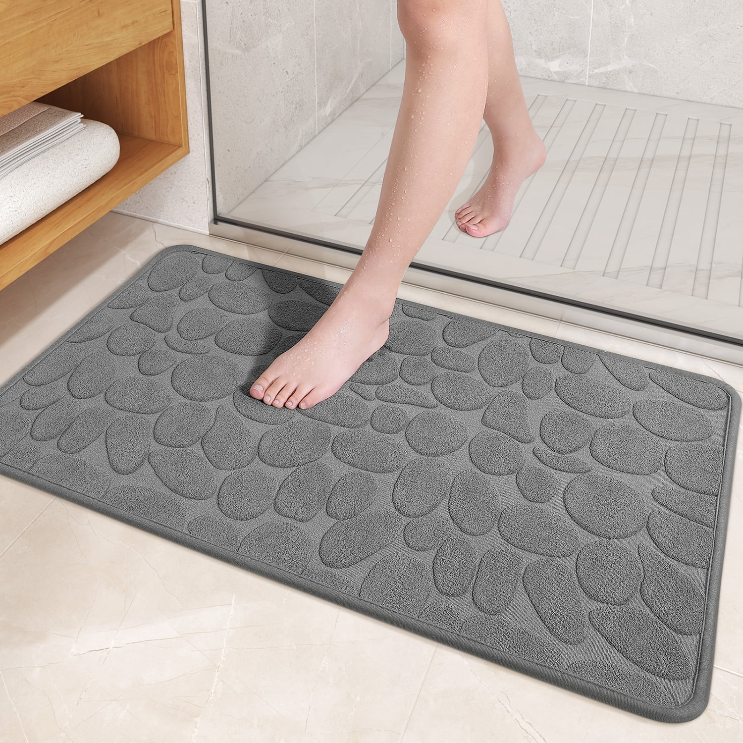 PABUBE Non Slip Bathroom Rugs, Ultra Thin Bath Mats for Bathroom Floor Fit Under Door, Super Absorbent Bath Rug with Rubber Backing, Non Shedding, Washable Bathroom Mat Shower Mat 16"x24", Gray