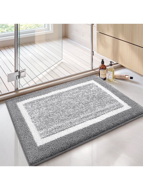 Bathroom Rug, Soft Absorbent Bathroom Mat and Bath Mat, Premium Microfiber Shag Bath Rug Machine Washable (16"x24",Grey and White)