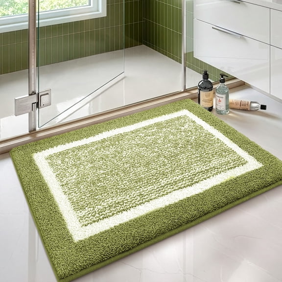 PABUBE Bathroom Rug, Soft Absorbent Bathroom Mat and Bath Mat, Premium Microfiber Shag Bath Rug Machine Washable (17"x24",Pine Green and White)
