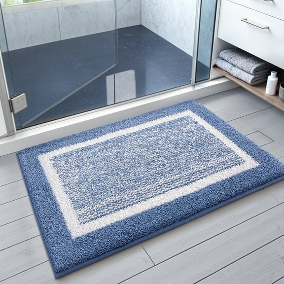 PABUBE Bathroom Rug, Soft Absorbent Bathroom Mat and Bath Mat, Premium Microfiber Shag Bath Rug Machine Washable (20"x29",Blue and White)