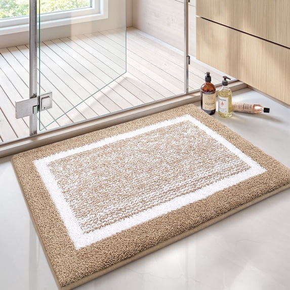 PABUBE Bathroom Rug, Soft Absorbent Bathroom Mat and Bath Mat, Premium Microfiber Shag Bath Rug Machine Washable (20"x29",Khaki and White)