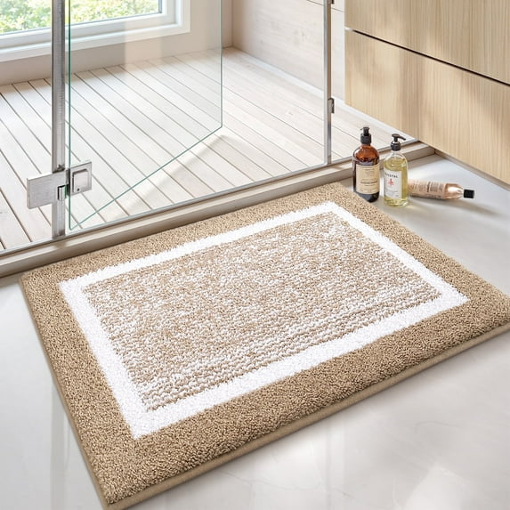 PABUBE Bathroom Rug, Soft Absorbent Bathroom Mat and Bath Mat, Premium Microfiber Shag Bath Rug Machine Washable (24"x36",Khaki and White)