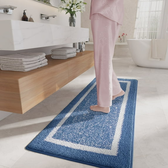 PABUBE Bathroom Rug, Soft Absorbent Bathroom Mat and Bath Mat, Premium Microfiber Shag Bath Rug Machine Washable (24"x43",Navy and White)