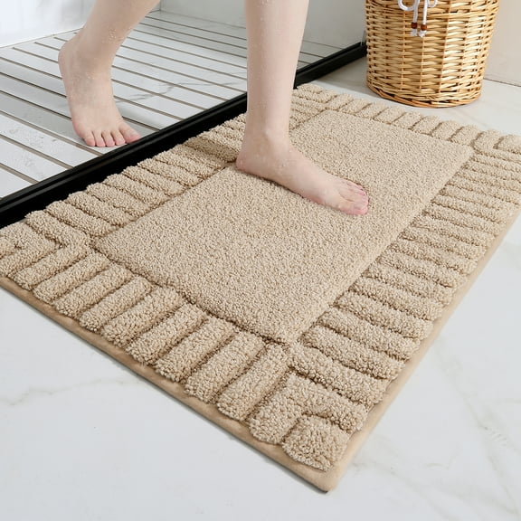 PABUBE Bathroom Rugs 16"x24", Absorbent Bath Mats Rugs for Bathroom Floor Non Slip Non Skid, Soft Shag Microfiber Machine Washable Shower Bath Mat for Bathroom Decor, Khaki