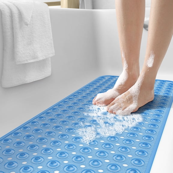 PABUBE Shower Mat for Bathtub, Quick Dry Bathtub Mat 16"x 39", Bath Mat for Tub with Powerful Suction Cup & Drain Holes , Soft On Feet, Non-Slip Machine Washable Tub Mat, Easy to Cut, Clear Blue