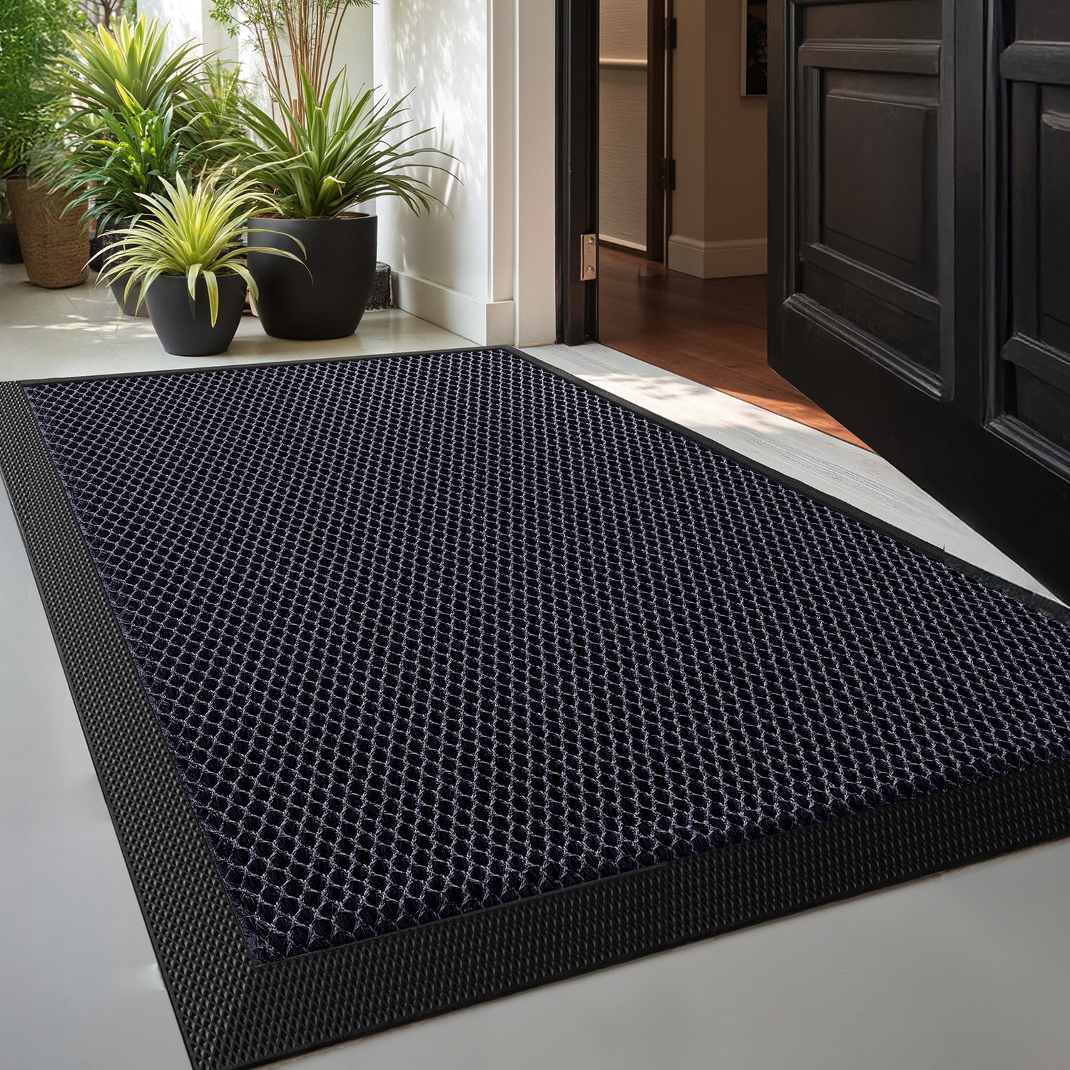 PABUBE High Stretch Elastic Silk Outdoor Doormat, Quick-Dry & Heavy-Duty Welcome Mat, Non-Slip Front Door Mat for Outside Entry, Low Pile Patio Doormat for Entry Rug, Blue, 17" x 30"
