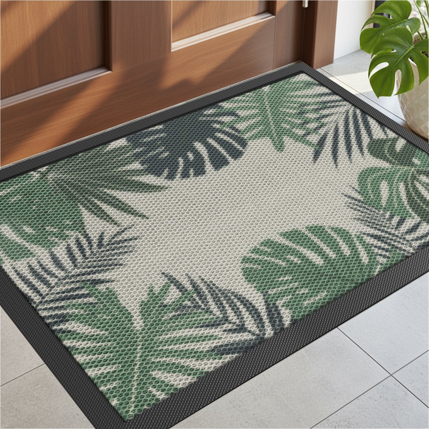 PABUBE Outdoor Doormat, Heavy Duty Non-Slip Summer Tropical Leaves Plant Welcome Mat, Low Pile & Dirt Trapper Front Door Mat Outside, Olive Green Patio Outdoor Mat for Front Doors, 17" x 30"
