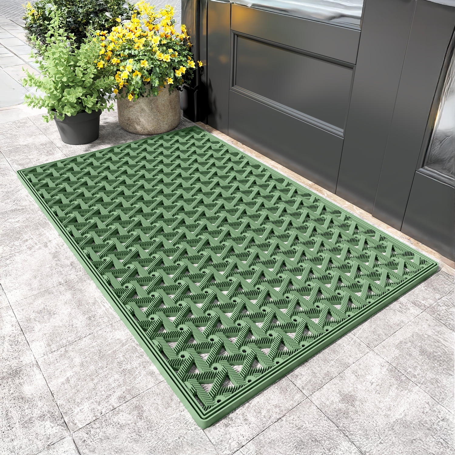 PABUBE Outdoor Doormat , Waterproof and Heavy Duty Doormat for Outside, Low Pile Dirt Trapper Rubber Outdoor Mat and Non-Slip Welcome Mat for Front Doors, 19" x 29", Green