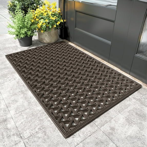 PABUBE Outdoor Doormat , Waterproof and Heavy Duty Doormat for Outside, Low Pile Dirt Trapper Rubber Outdoor Mat and Non-Slip Welcome Mat for Front Doors, 19" x 29", Brown