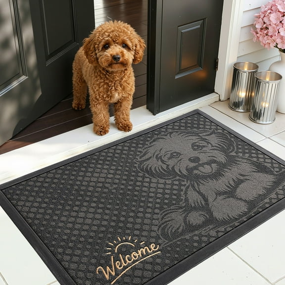 PABUBE Outdoor Doormat, Teddy Poodle Welcome Mat, Heavy Duty Durable Doormat Outdoor Entrance, Non-Slip Dirt & Mud Trapper Outdoor Mat for Front Doors