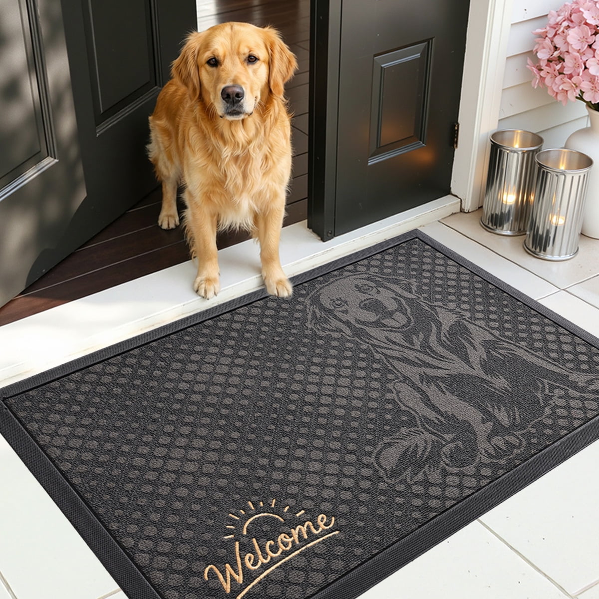 PABUBE Outdoor Doormat, Golden Retriever Welcome Mat, Heavy Duty Durable Doormat Outdoor Entrance, Non-Slip Dirt & Mud Trapper Outdoor Mat for Front Doors